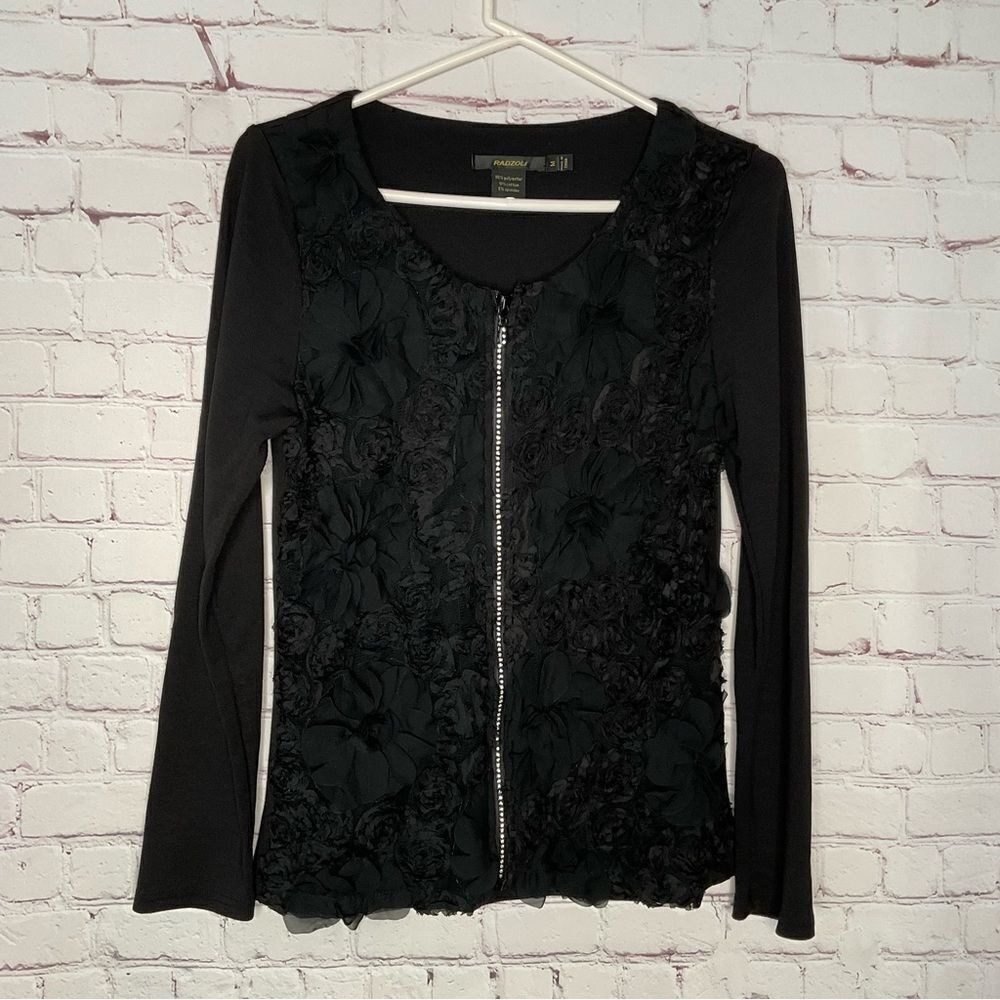 Radzoli Black 3D Floral‎ Applique Rhinestone Zip Front Long Sleeve Top Size M